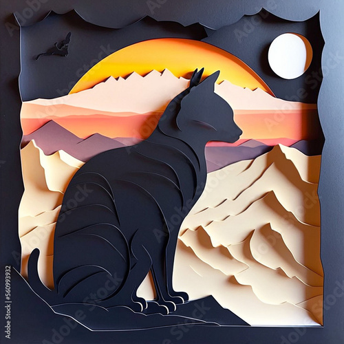 Black cat looking at the sunset over mountains like a paper cut, Generative Ai