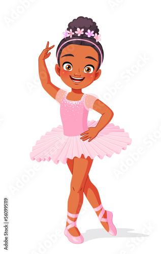 African American ballerina in pink tutu. Cartoon vector illustration.