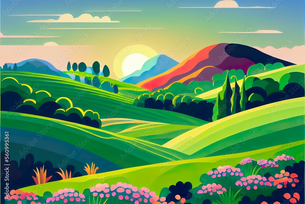 Vector illustration of beautiful summer fields landscape with a dawn, green hills, country background in flat cartoon style banner, Generative AI