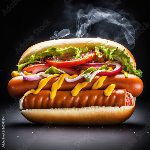 Super hotdog with double sausage dripping mustar onion tomato lettuce photo