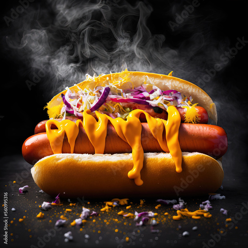 Delicious hotdog with dripping cheese mustar onion smoke barbecue grilled restaurant flyer photo