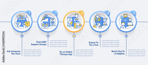 Finding LGBTQ friendly therapist circle infographic template. Data visualization with 5 steps. Editable timeline info chart. Workflow layout with line icons. Lato-Bold, Regular fonts used
