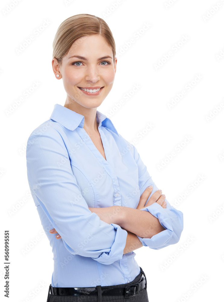Portrait, woman arms crossed and business with sales growth, advertising agency and agent isolated on white studio background. Female, leader and ceo with smile, confident employee or project success Portrait, woman arms crossed and business with sales growth, advertising agency and agent isolated on white studio background. Female, leader and ceo with smile, confident employee or project success