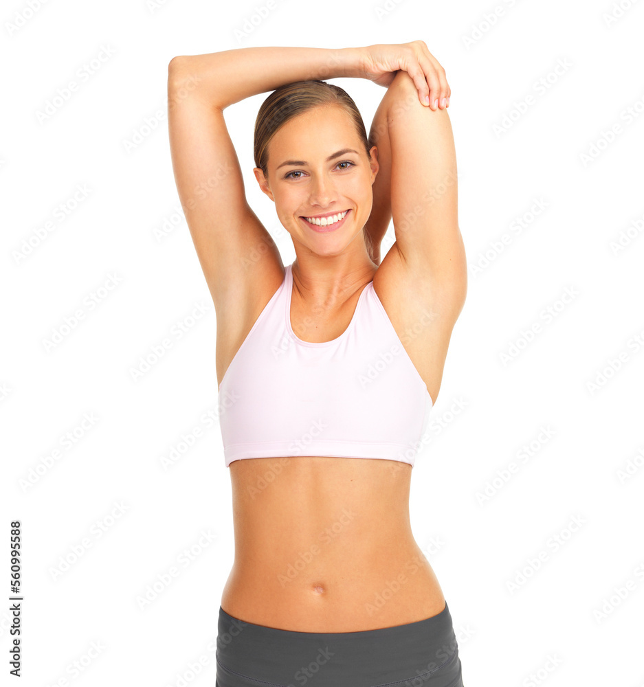 Fitness, studio and woman doing a stretching exercise before a healthy body workout or training. Wellness, sports and portrait of happy female model doing an arm warm up isolated by white background. Fitness, studio and woman doing a stretching exercise before a healthy body workout or training. Wellness, sports and portrait of happy female model doing an arm warm up isolated by white background.