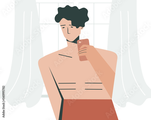 A man take selfie picture and feeling Embarrassed, flat vector illustration.