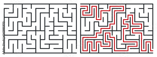 Abstract maze. Find right way. Isolated simple square maze black line on white background. Vector illustration.