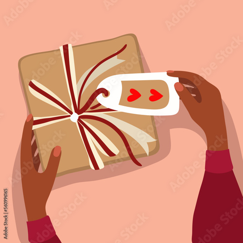 Illustration of a gift box on the table, top view. The girl is holding a box in her hands. Women's hands unwrap the gift. A gift in raft paper. The box is decorated with decor. Banner, postcard