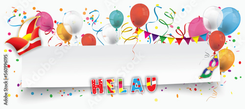 Helau Banner mit einem Papierzettel und bunten Luftballons