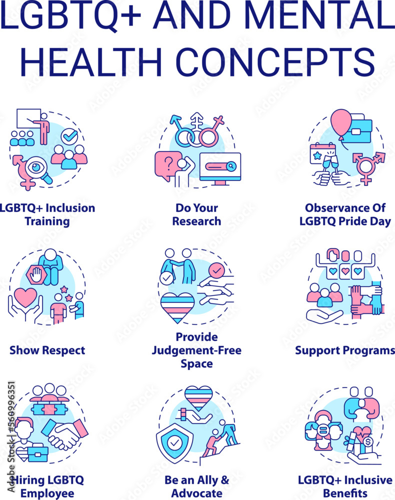 LGBTQ and mental health concept icons set. Acceptance in society. Inclusion idea thin line color illustrations. Isolated symbols. Editable stroke. Roboto-Medium, Myriad Pro-Bold fonts used