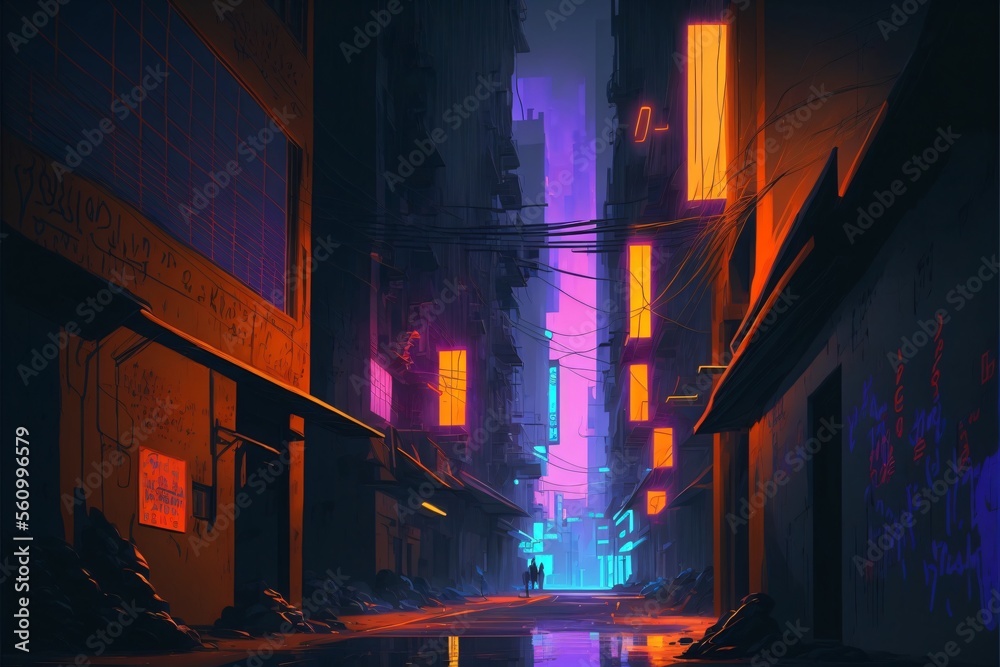 A dark neon alley in a dystopian cityscape, features dark blues and purples, with a hint of electric yellow and orange, made with generative AI.