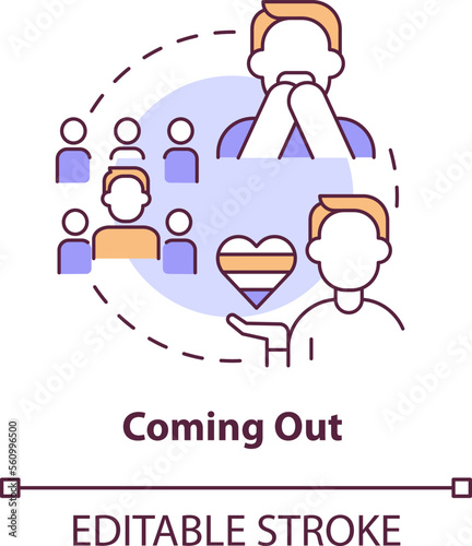 Coming out concept icon. Show sexual orientation. LGBTQI mental health risk factor abstract idea thin line illustration. Isolated outline drawing. Editable stroke. Arial, Myriad Pro-Bold fonts used