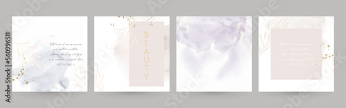 Elegant watercolor layouts in neutral lilac beige. Floral design for social media post, jewelry, cosmetics, fashion, wedding invitation.
