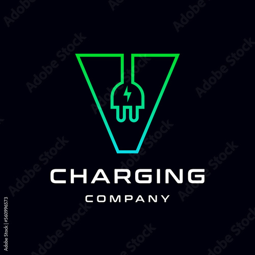 Letter V Electric Plug vector logo template. Font with green and blue gradient graphic. Technology background. This alphabet is suitable for energy, power, cable, wire, electrical, device, connect.