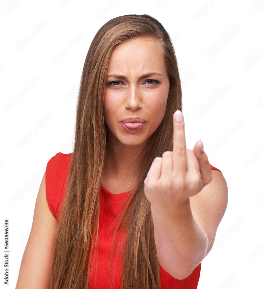 Middle finger, rude woman and portrait in studio, isolated white background and anger. Female model, obscene gesture and tongue out for angry opinion, bad emoji or sign of hate, rejection or conflict Middle finger, rude woman and portrait in studio, isolated white background and anger. Female model, obscene gesture and tongue out for angry opinion, bad emoji or sign of hate, rejection or conflict