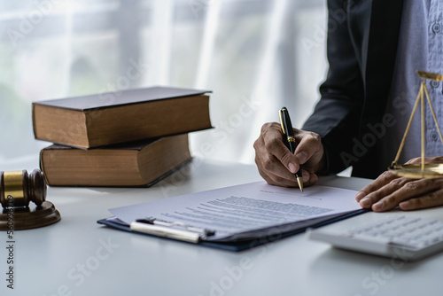 Bilde på lerret Lawyer office male working with hammer and scales with document, contract, legal adviser concept
