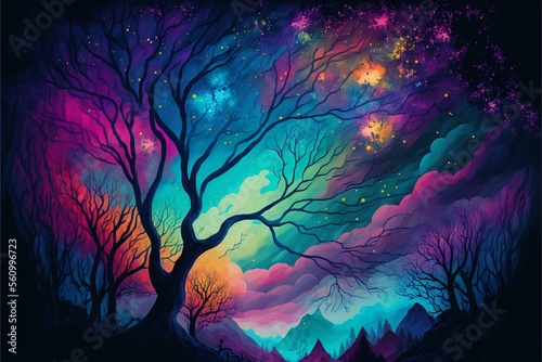 A mystical forest set against a colorful, dreamy night sky, featuring neon blues, purples, and yellows, made with generative AI.