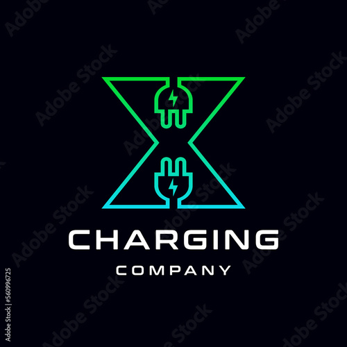 Letter X Electric Plug vector logo template. Font with green and blue gradient graphic. Technology background. This alphabet is suitable for energy, power, cable, wire, electrical, device, connect.