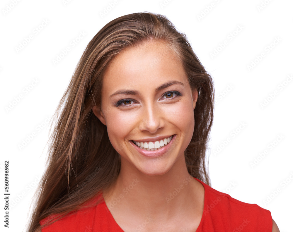 Face portrait, dental smile and a woman with a teeth smile on isolated white background with a positive mindset. Young professional female model in studio with makeup, cosmetics and hair care Face portrait, dental smile and a woman with a teeth smile on isolated white background with a positive mindset. Young professional female model in studio with makeup, cosmetics and hair care
