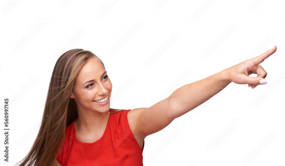 White background, pointing finger and face of woman for advertising, marketing and fashion. Beauty, cosmetics and girl model with copy space for deal, sale and product placement isolated in studio White background, pointing finger and face of woman for advertising, marketing and fashion. Beauty, cosmetics and girl model with copy space for deal, sale and product placement isolated in studio