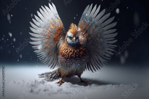 A bird with its wings spread in the snow, Generative AI photo