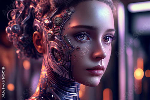 Beautiful android robot. Bionic woman with robotic technology details. Futuristic female portrait. Created with generative AI