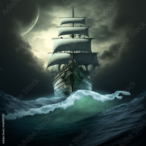 A ship sailing in a night storm with white sails