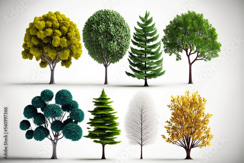 A collection of beautiful 3D trees isolated on a pure white background