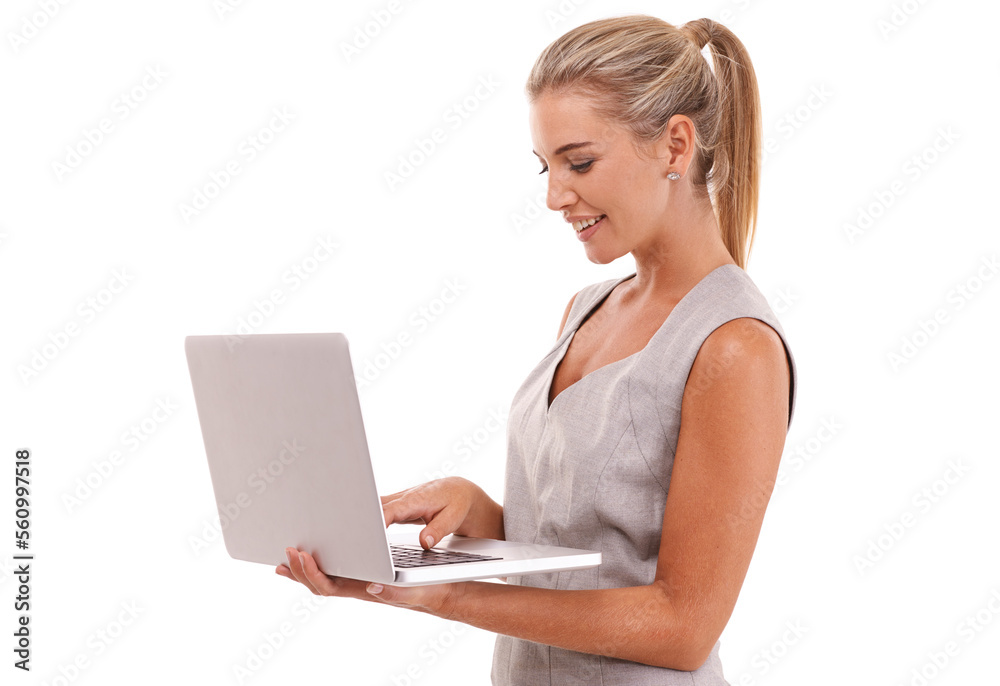 Laptop, typing and profile of business woman review financial portfolio, stock market or online investment. Economy, bitcoin mining or trader trading crypto, forex or nft on white background studio Laptop, typing and profile of business woman review financial portfolio, stock market or online investment. Economy, bitcoin mining or trader trading crypto, forex or nft on white background studio