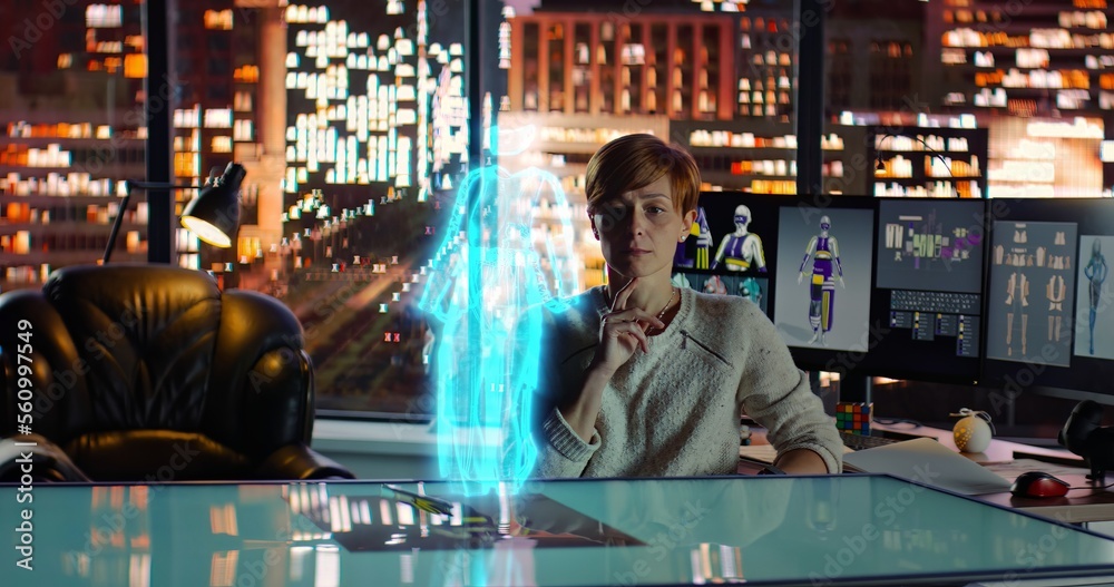Female Fashion Designer Working with Holographic Augmented Reality 3D