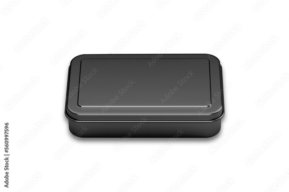 3D Rectangular Aluminum Black Metal Box Container Packaging Mockup.Closed and opened tin box storage for sugar, salt, candy, cookies, gifts or goods, mockup for your packaging design. 3d rendering.