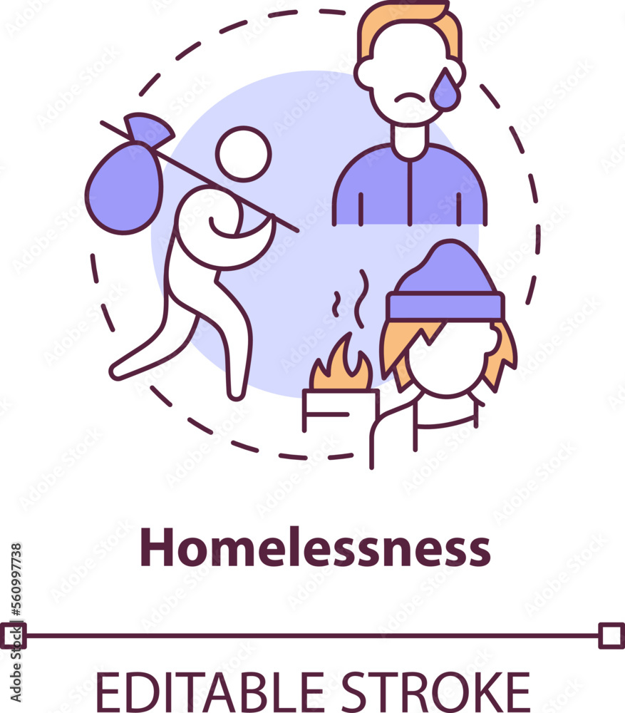 Homelessness concept icon. Rejection problem. LGBTQI mental health risk factor abstract idea thin line illustration. Isolated outline drawing. Editable stroke. Arial, Myriad Pro-Bold fonts used