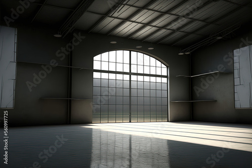 Big Empty Steel Concrete Hangar Warehouse Barn Huge Space. Generative AI.