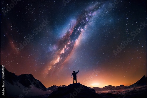 person is standing on the top of the hill next to the Milky Way galaxy with his hands raised to the air, Generative AI