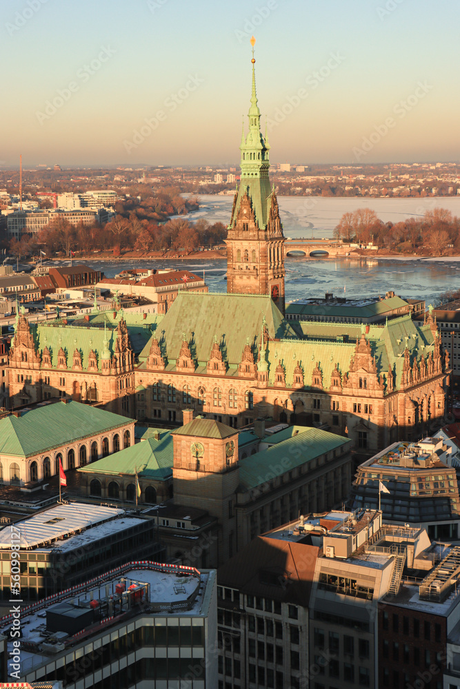 Winterliches Hamburg; Blick von St. Nikolai auf Rathaus, Binnen-und Außenalster