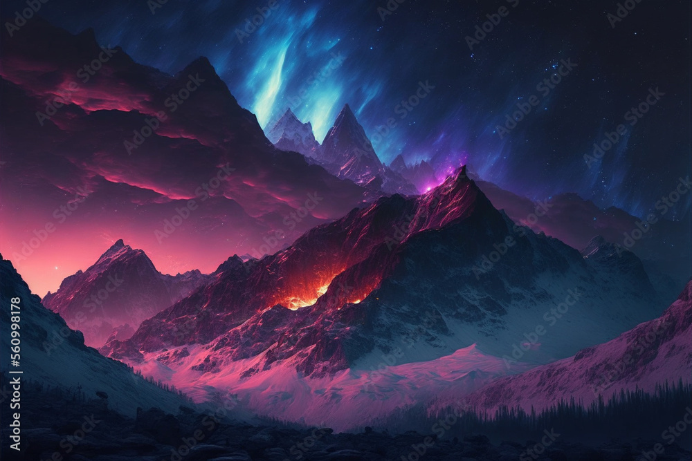 A night scene of a mountain range with a purple and blue aurora light, Generative AI