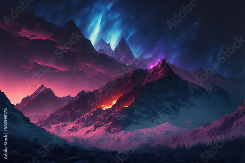 A night scene of a mountain range with a purple and blue aurora light, Generative AI © Kafi