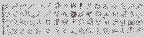 Anime manga hand drawn effect set. Collection of arrows and speech bubble. A transparent background. A vector illustration. Doodle anime icons. 