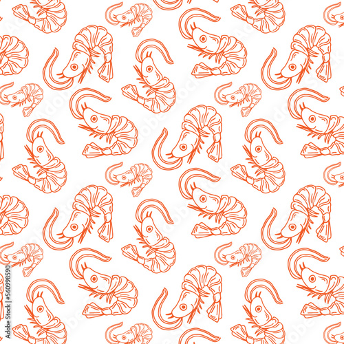 Hand drawn seafood seamless pattern. Shrimp background Vintage sketch style prawn. Vector illustration
