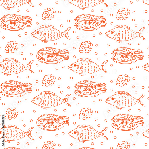 Seamless pattern with Salmon steak , conceptual sea food background, flat lay composition. Vector illustration. Fish ornament.