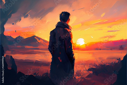A man standing in the middle of a desert, staring off into the sunset with a sense of wonder, generative AI.