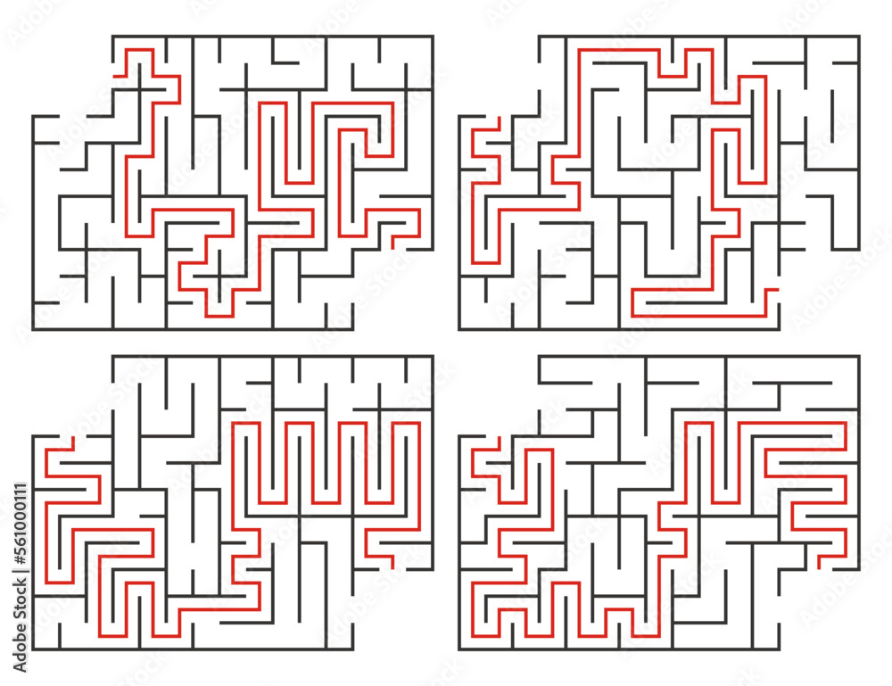 Abstract maze. Find right way. Isolated simple square maze black line on white background. Vector illustration. Abstract maze. Find right way. Isolated simple square maze black line on white background. Vector illustration.