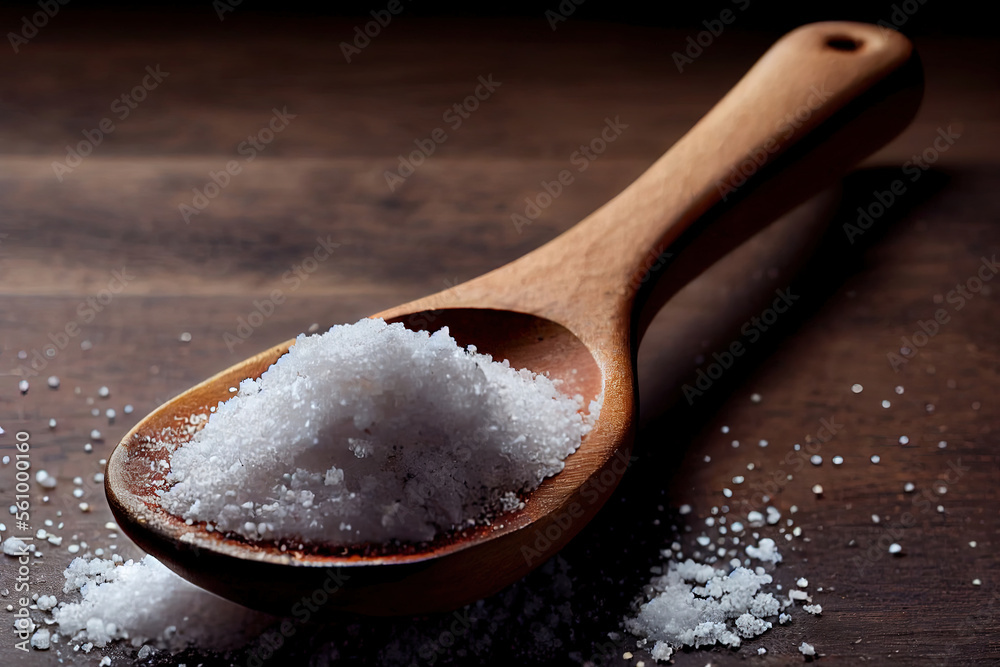 fresh sea salt on wooden spoon with nutrition fresh sea salt on wooden spoon with nutrition