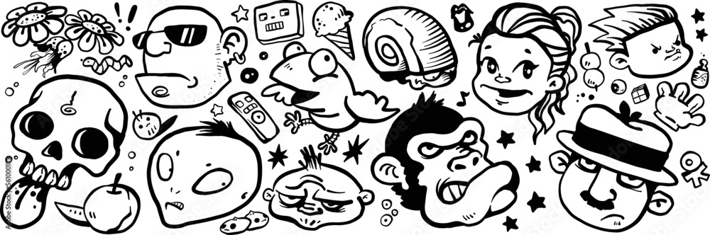 Fototapeta premium Doodle art variety characters cartoon funny animals patterns seamless background decoration design black and white