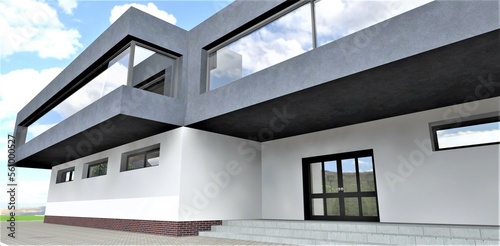 Abstract design of the modern style porch with long concrete steps and metal door with glass inserts. White and gray plaster facade. 3d rendering.