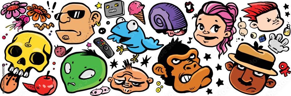Doodle art variety characters cartoon funny animals patterns seamless background decoration design colorful Doodle art variety characters cartoon funny animals patterns seamless background decoration design colorful