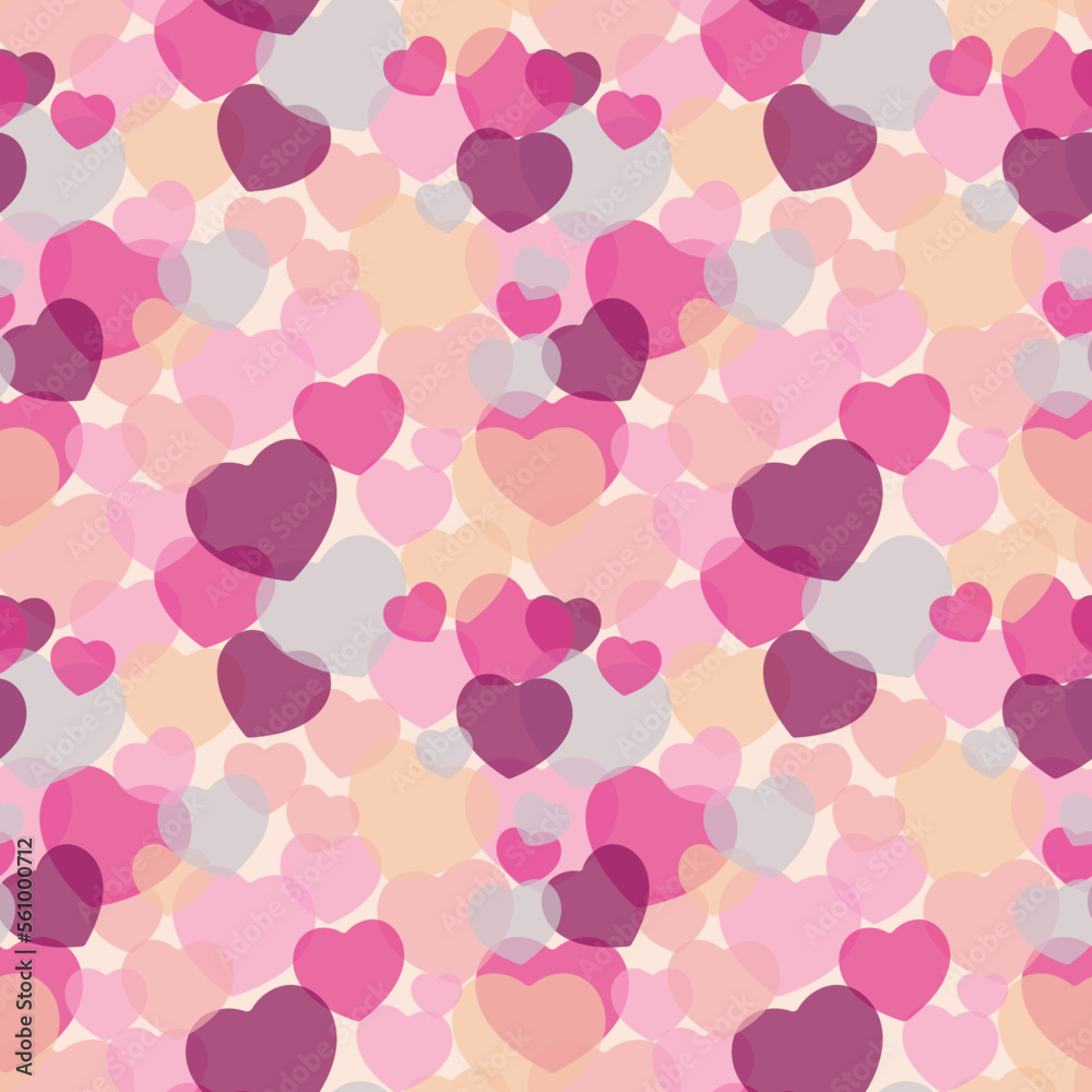 Colorful hearts seamless pattern. Pink, beige and purple background for textile, wrapping paper, web design and social media. Love, romantic concept.