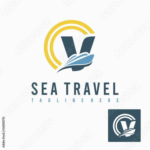 Initial V Letter with Ship Marine, Wave and Sun Icon for Travel Holiday Agency Business Logo Idea Template