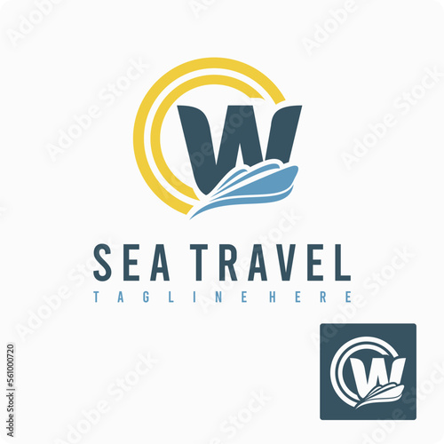 Initial W Letter with Ship Marine, Wave and Sun Icon for Travel Holiday Agency Business Logo Idea Template