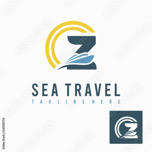 Initial Z Letter with Ship Marine, Wave and Sun Icon for Travel Holiday Agency Business Logo Idea Template