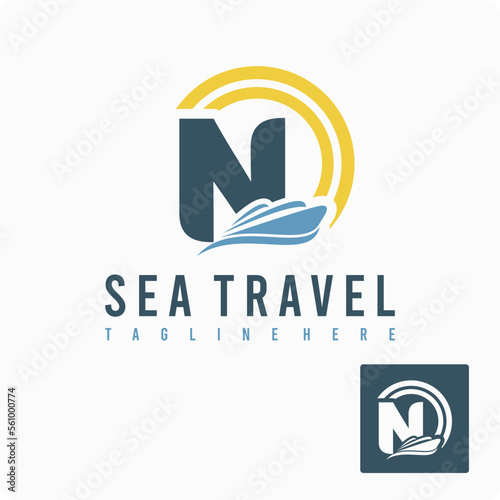 Initial N Letter with Ship Marine, Wave and Sun Icon for Travel Holiday Agency Business Logo Idea Template